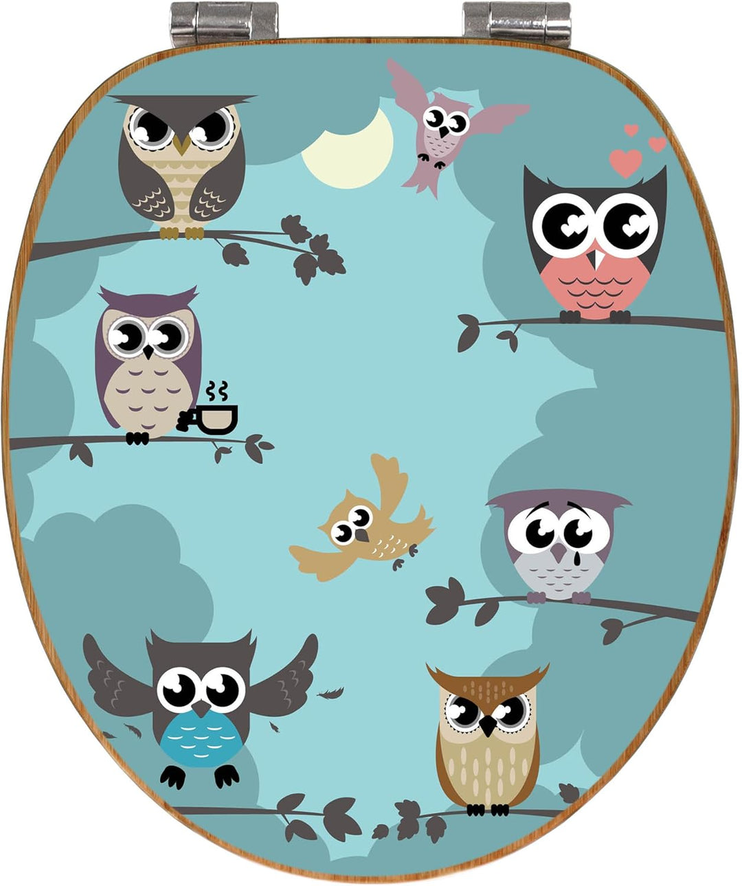banjado® Design WC Sitz Bambus Absenkautomatik mit Motiv Acht Eulen/Toilettendeckel mit Absenkautoma