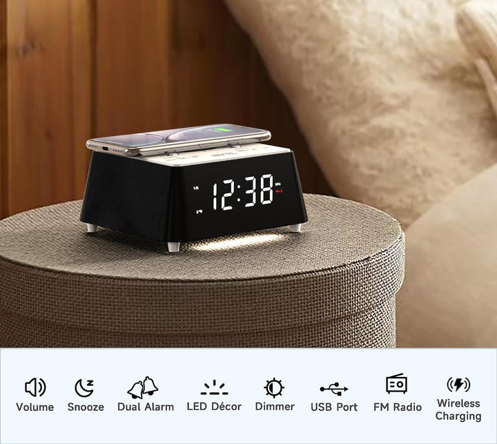 iTOMA Radiowecker mit USB-Ladegerät, Bluetooth-Lautsprecher, Nachttisch FM Radio, Dual Alarm mit Sno