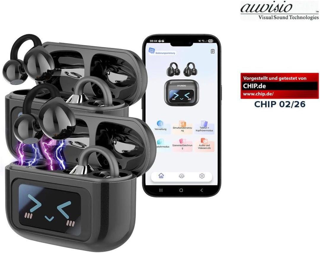 auvisio Headset: 2er-Set Clip-on-Ohrhörer & KI-Echtzeitübersetzer für 115 Sprachen, App (Echtzeit-Üb