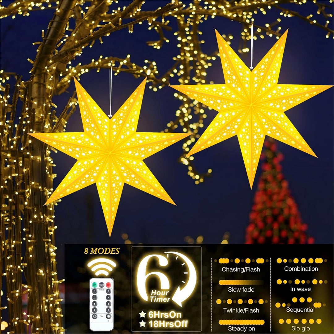 Weihnachtsdeko - LED Weihnachtsstern Beleuchtet zum Aufhängen,2 Stück Papierstern Beleuchtet 8 Leuch