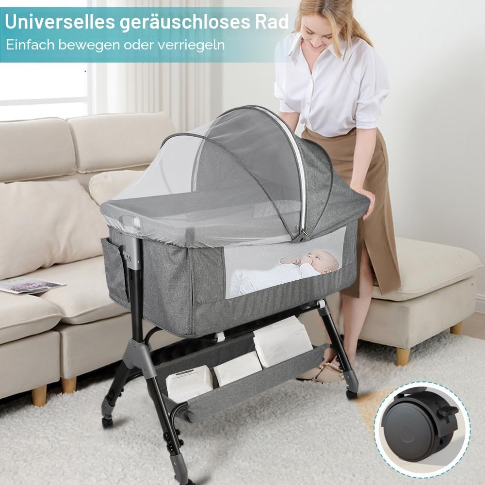 Kedia Babywiege mit Moskitonetz, Babybett &amp; Reisebett mit Rollen, Babybett für Wiegen, höhenverstell
