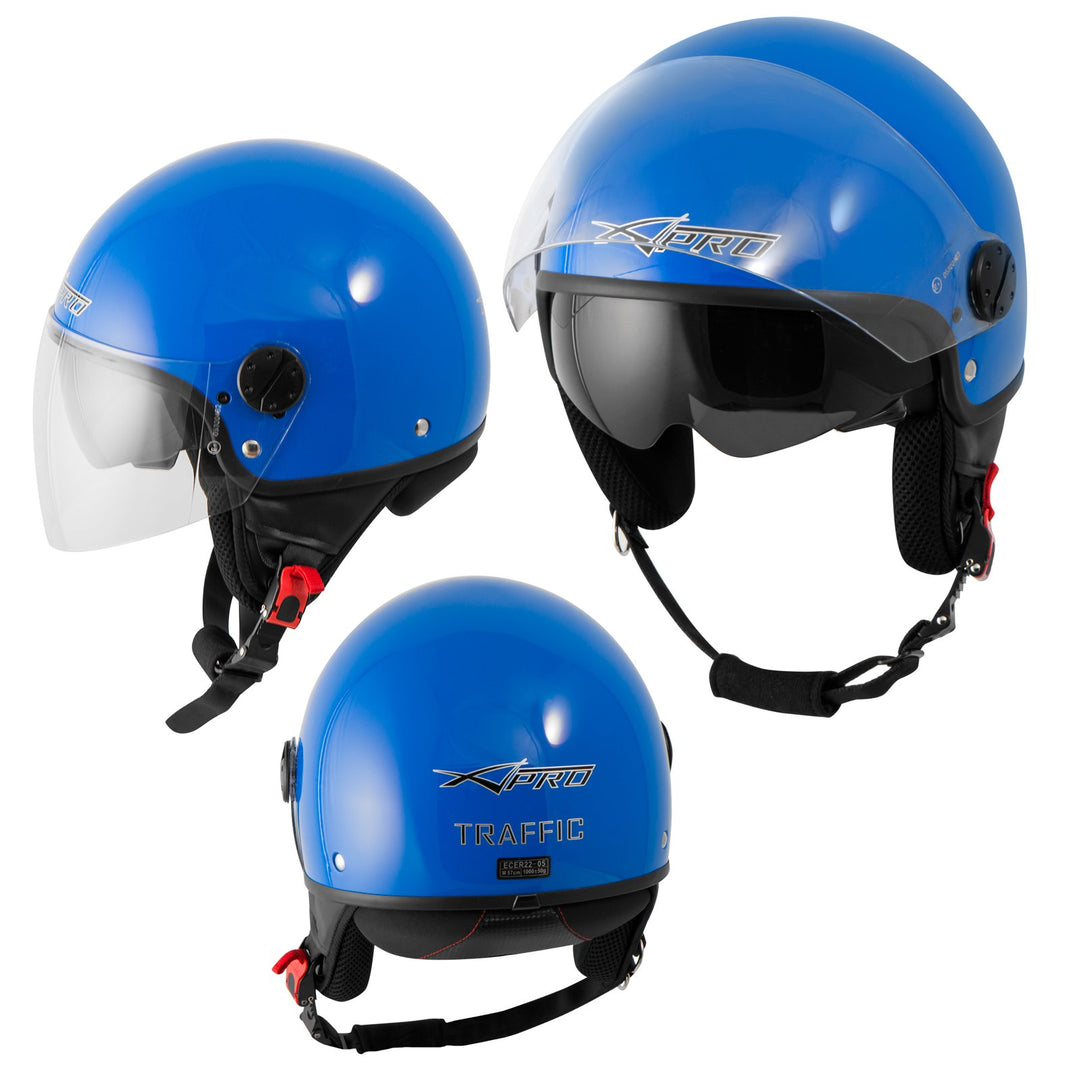 Motorradhelm Motorrad Roller Jet Helm Innensonnenblende 2 Viser SonicMoto 59 cm (L) Blau, 59 cm (L)