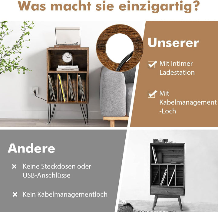 COSTWAY Plattenspieler-Ständer mit Ladestation, 3-stufiger Schallplattenständer, Vinylplatten Aufbew