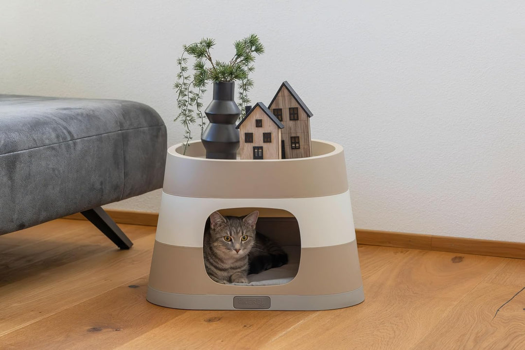Kerbl Pet Katzenhöhle Bianca, Katzenhaus mit Liegekissen, Katzenbett, Polypropylen, Taupe/weiss/grau