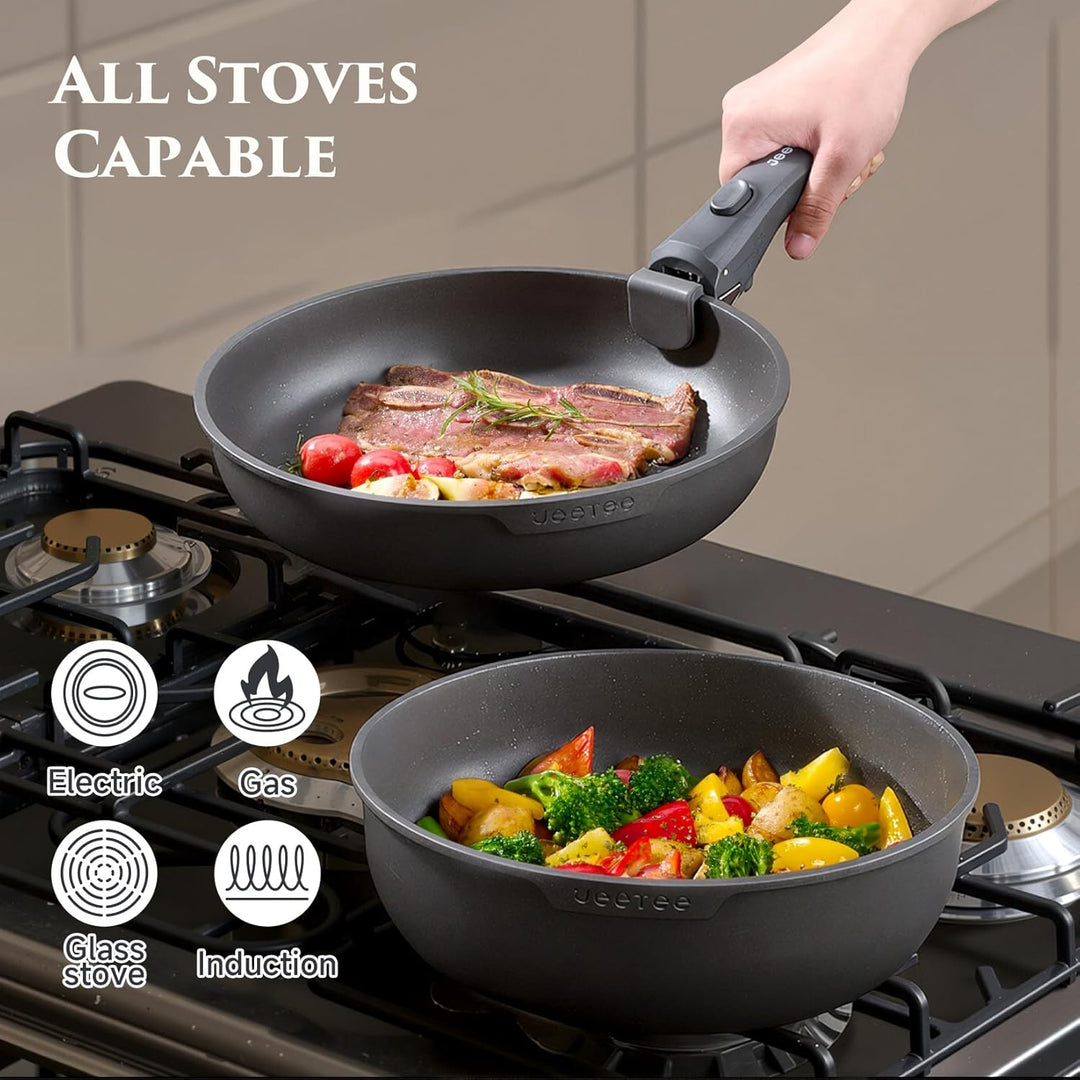 JEETEE Topf und Pfannensets mit abnehmbarem Griff 20-Teilig, Titan-Antihaft Pfanneset, Topfset Induk