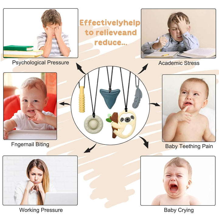 CLDY Kaukette für Kinder, 5 Stück Sensory Kauen Halskette, Kau-Charm, Beissring aus Silikon BPA-frei