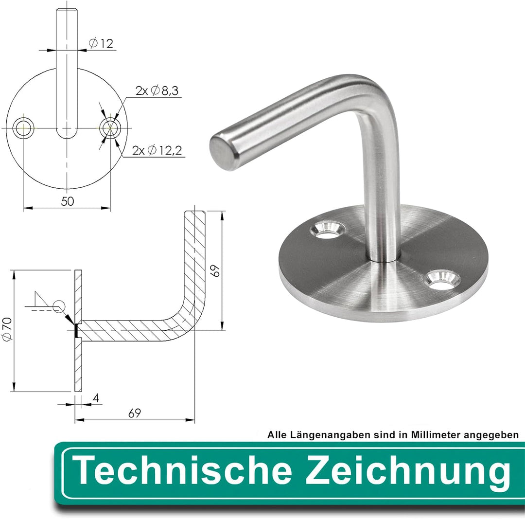 PRIOstahl Handlaufhalter Wandhalter Handlaufstütze Rohrhalter Geländerhalterung - 4 x Handlaufträger