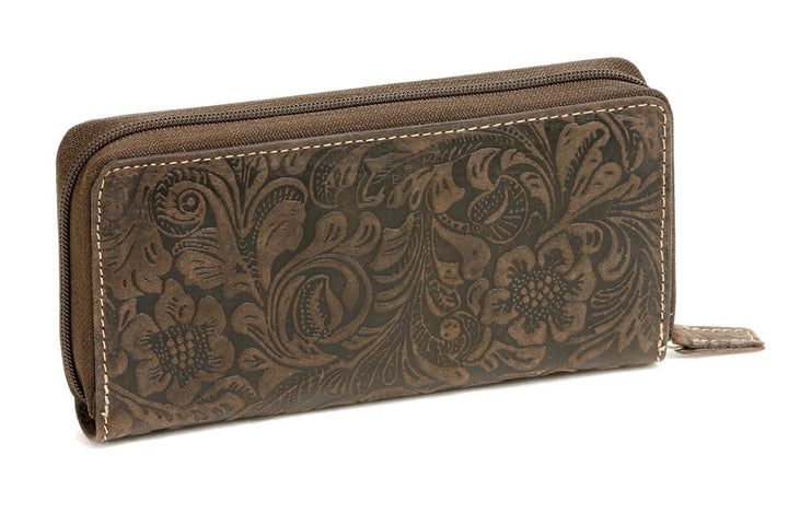 LEAS Damenlangbörse umlaufenden Reissverschluss Lilianen-Muster Echt-Leder, braun Vintage-Collection
