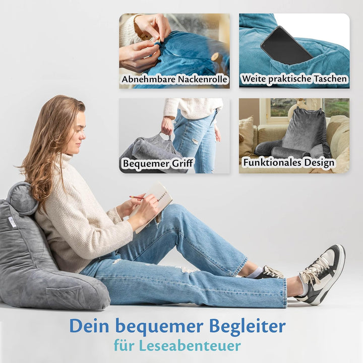 Ella Lesekissen für Bett und Sofa mit Abnehmbarer Nackenrolle - Rückenkissen Bett - Reading Pillow a