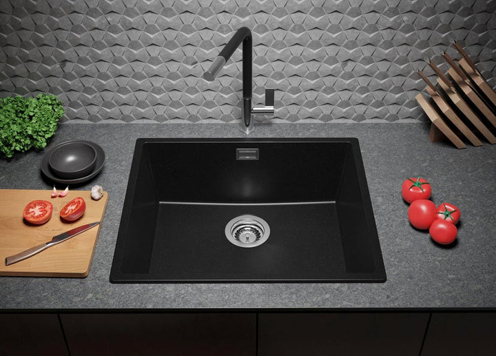 PRIMAGRAN Granitspüle Schwarz 56x47cm, Spülbecken 1 Becken + Ablauf-Set + Küchenarmatur 40x13cm + Sc