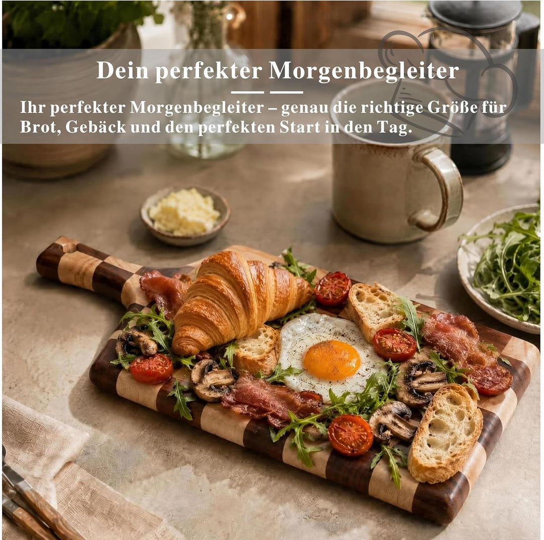Kariertes Schneidebrett aus Holz mit Griff, Akazienholz | 38 x 18 x 2,5 cm | Käse- und Wurstbrett |