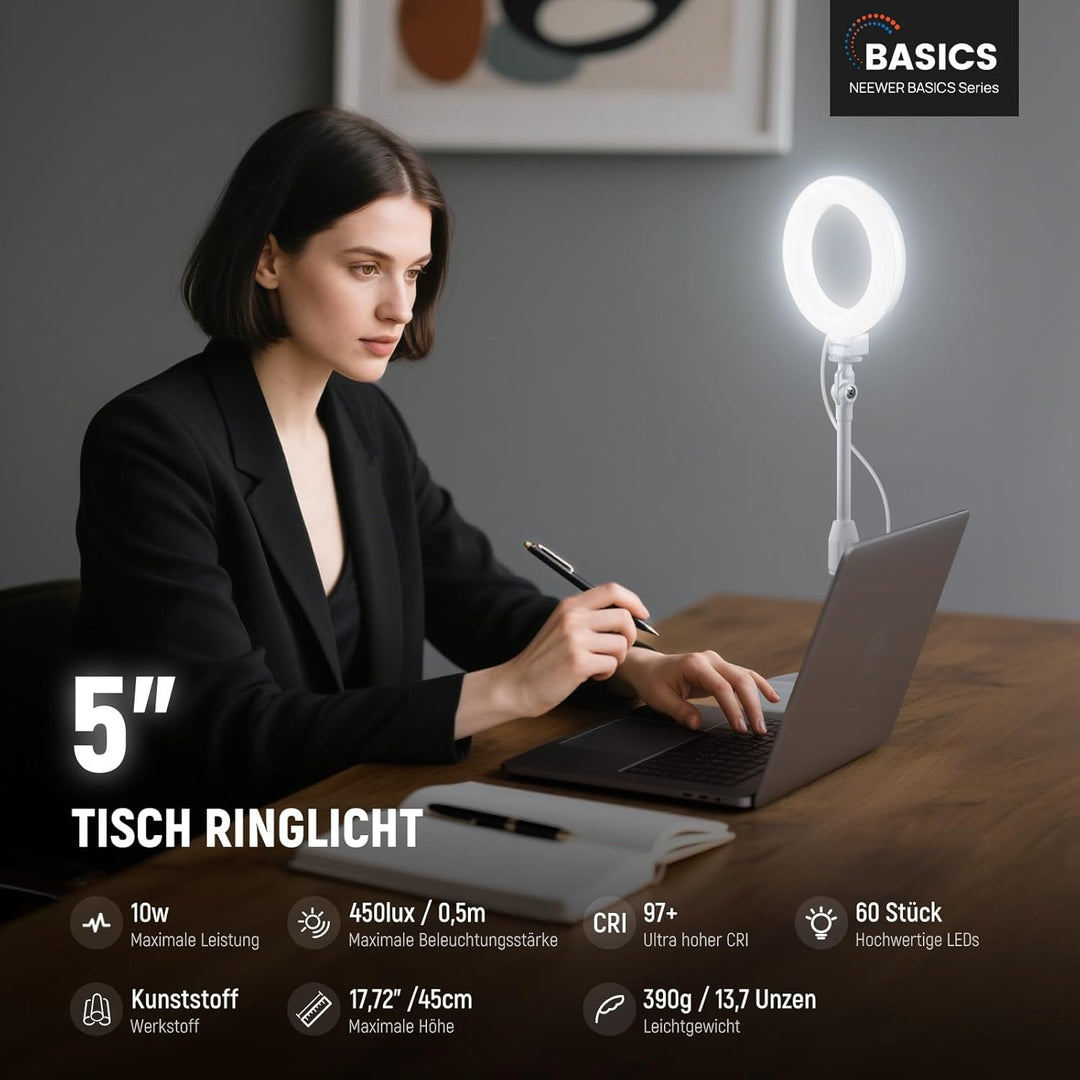 NEEWER Basics 5"/13cm Tisch Ringlicht mit Ständer 10W LED Selfie Licht mit Handyhalterung kompatibel