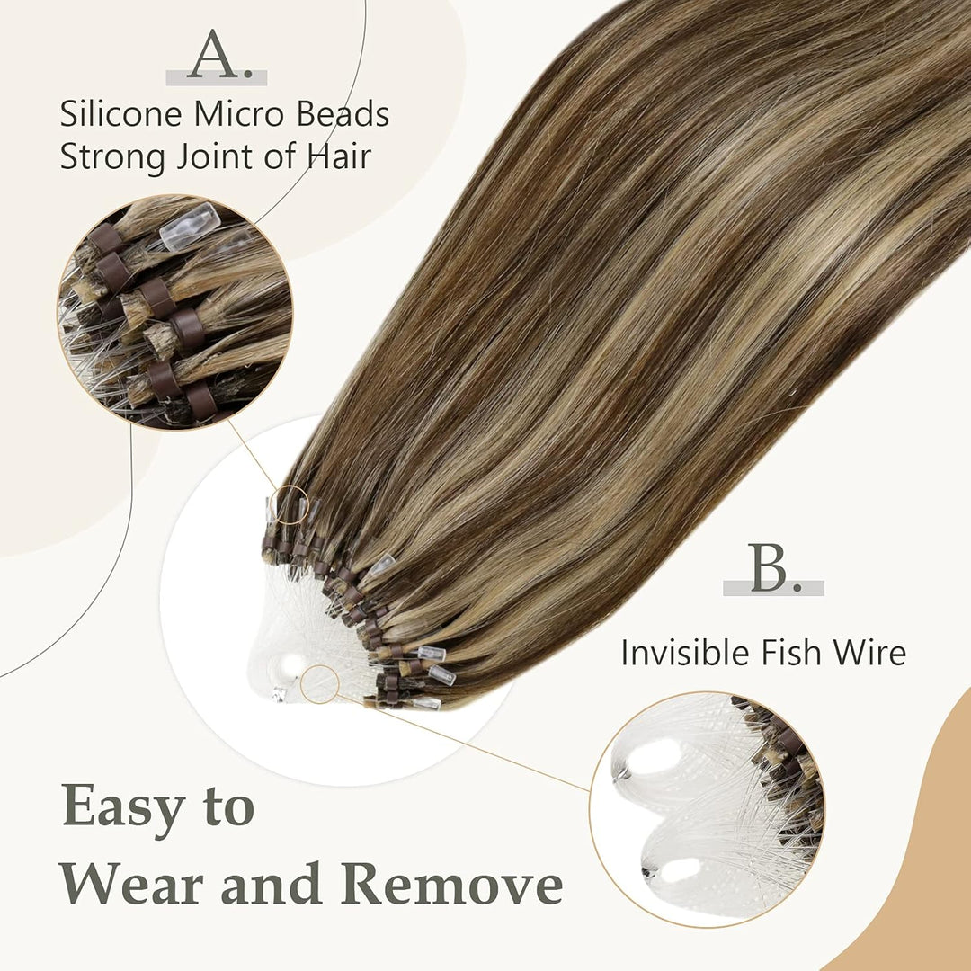 Easyouth Braun Microring Extension Echthaar Micro Extensions Mittelbraun Mix Honigblond Microring Ha