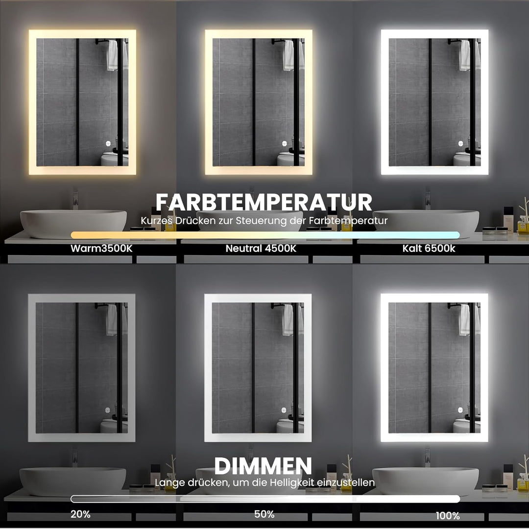 Badezimmerspiegel, 60x100cm LED Badspiegel mit Beleuchtung, Wandspiegel mit Touch-Schalter Kaltweiss