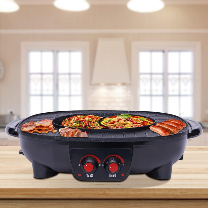 2 In 1 Hot Pot Elektrisch Grill, Multifunktions Hot Pot Und Bbq Tischgrill, Antihaft-Rauchloser Gril
