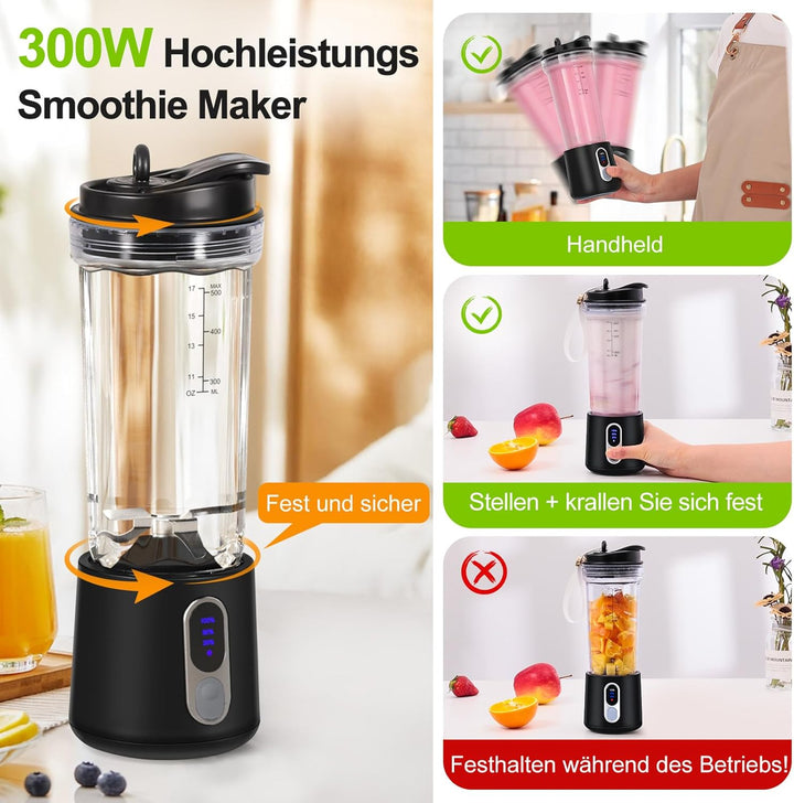 Tragbarer Mixer Smoothie Maker to go, 500ml Smoothie Mixer mit 4 Rostfreien Klingen Zerkleinert Eis