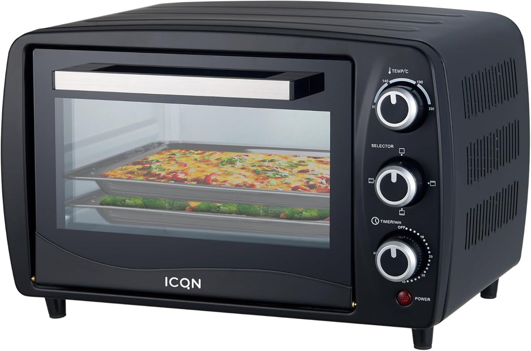 ICQN Kompakter Minibackofen 15 Liter, 1200W, 60 min-Timer, 3 Kochfuntionen, 90°-230°C, Kleiner Campi