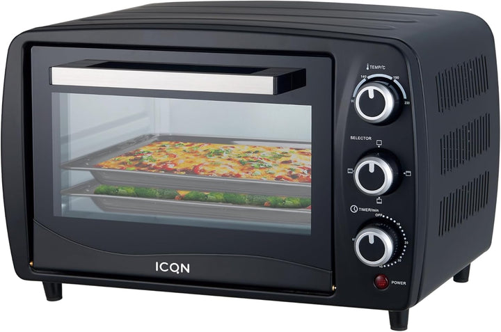 ICQN Kompakter Minibackofen 15 Liter, 1200W, 60 min-Timer, 3 Kochfuntionen, 90°-230°C, Kleiner Campi