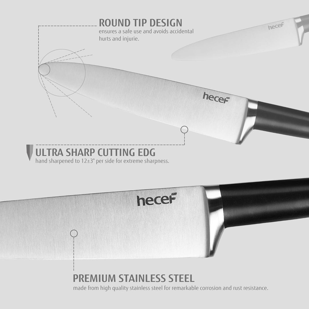 hecef Messerblock mit Messer, 7-tlg Scharfe Messerset mit Vollzahn-Konstruktion, Edelstahl Küchenmes