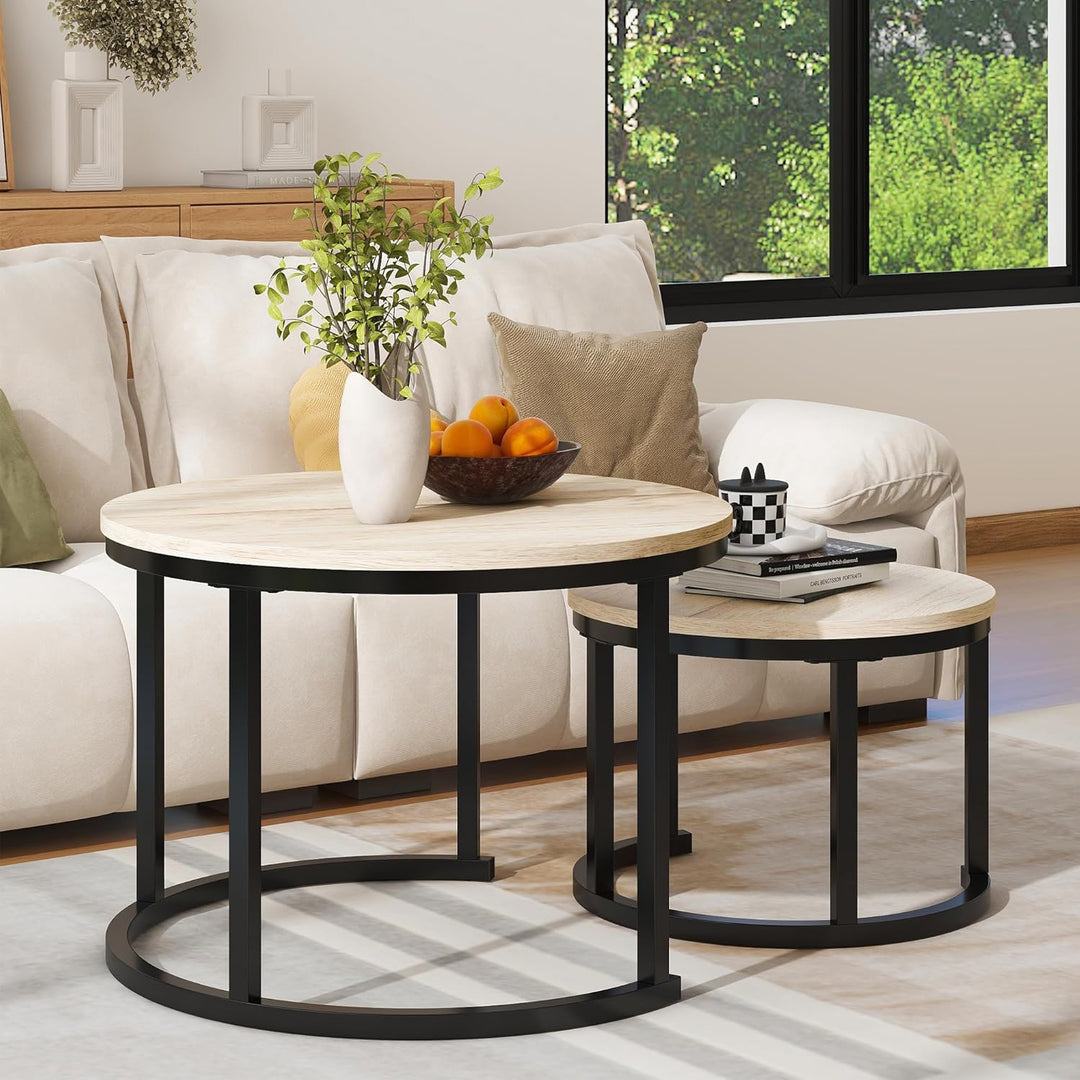 Couchtisch Rund, 2er Set Sofa Couchtisch Industrial Style, verschachtelte Beistelltische aus Metall
