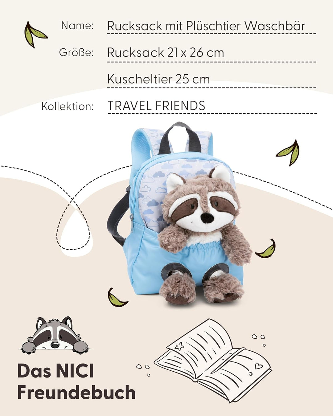 NICI Kinderrucksack blau 2 in 1 mit Kuscheltier Waschbär 25cm - Kindergartenrucksack Mädchen & Junge