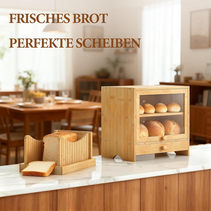 2 Stöckiger Brotkasten mit Schneidebrett, 38.5x36x25cm Natürlicher Bambus Brotbox mit Fenster für Kü