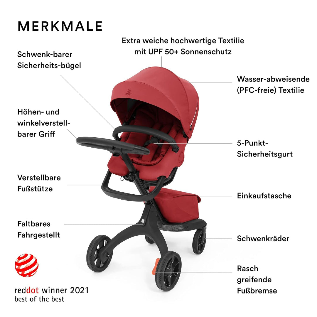 Stokke Xplory X, Ruby Red – Eleganter Kinderwagen – Anpassbarer Komfort für Baby &amp; Eltern – Polsteru