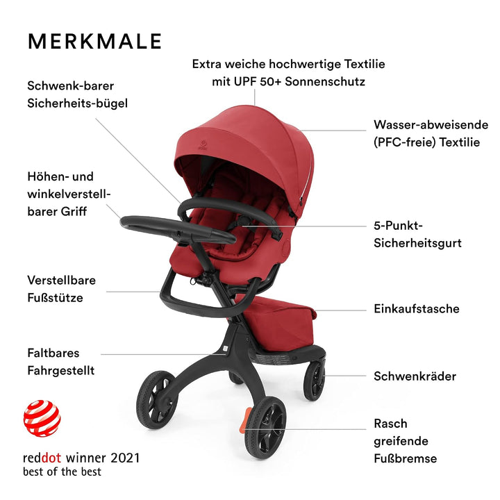 Stokke Xplory X, Ruby Red – Eleganter Kinderwagen – Anpassbarer Komfort für Baby &amp; Eltern – Polsteru