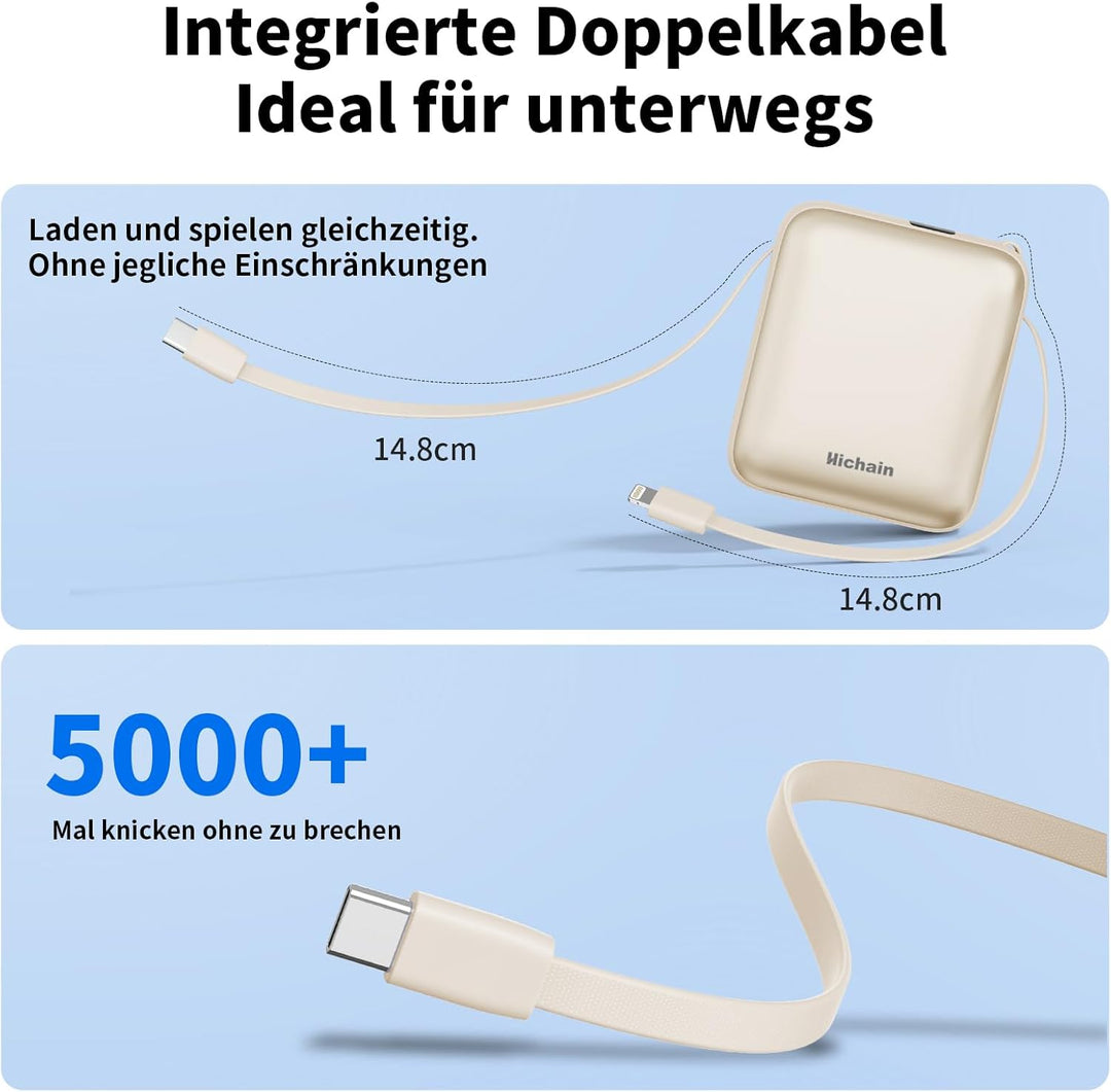 Hichain Power Bank Klein, 10000mAh 22,5W Powerbank USB C Schnellladen mit Integriertem USB-C Kabel,