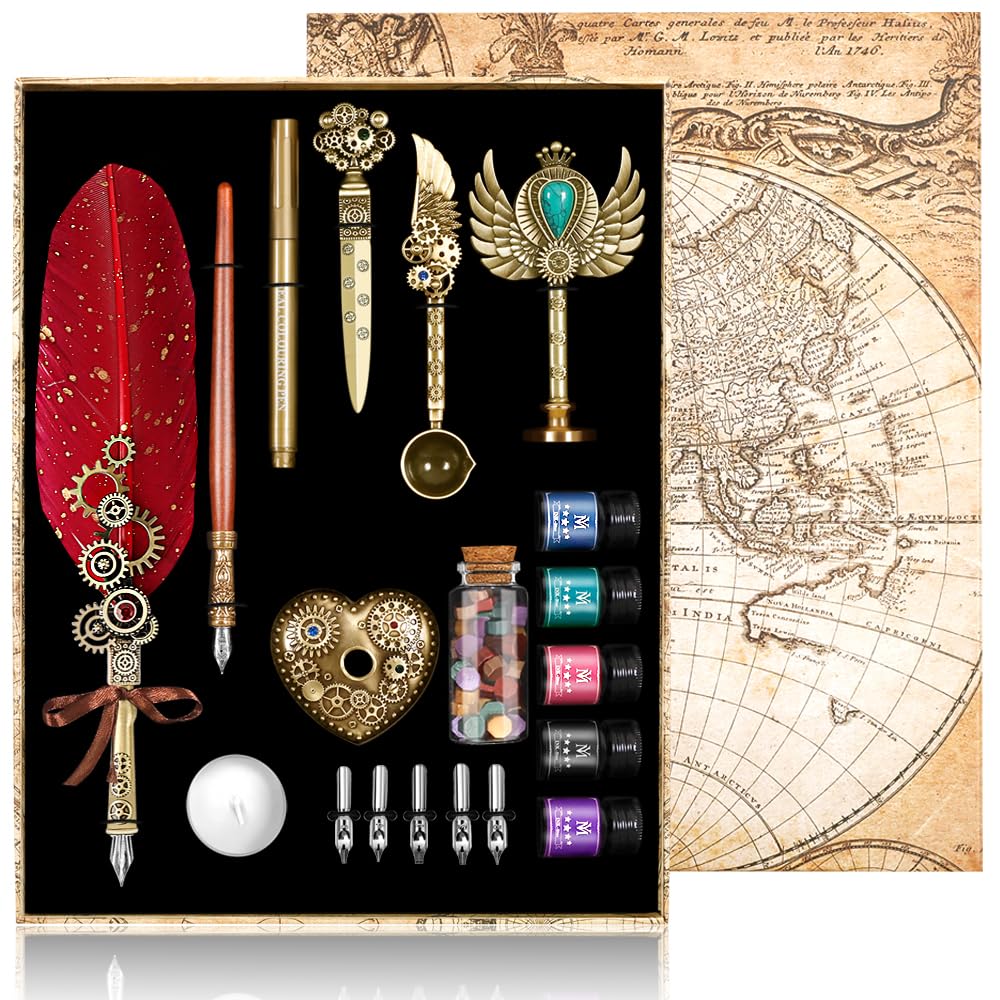 Federkiel und Tinte Set,Feder Feder Tinte Set enthält Federkiel,Holzstift,5 austauschbare Federn,5 v