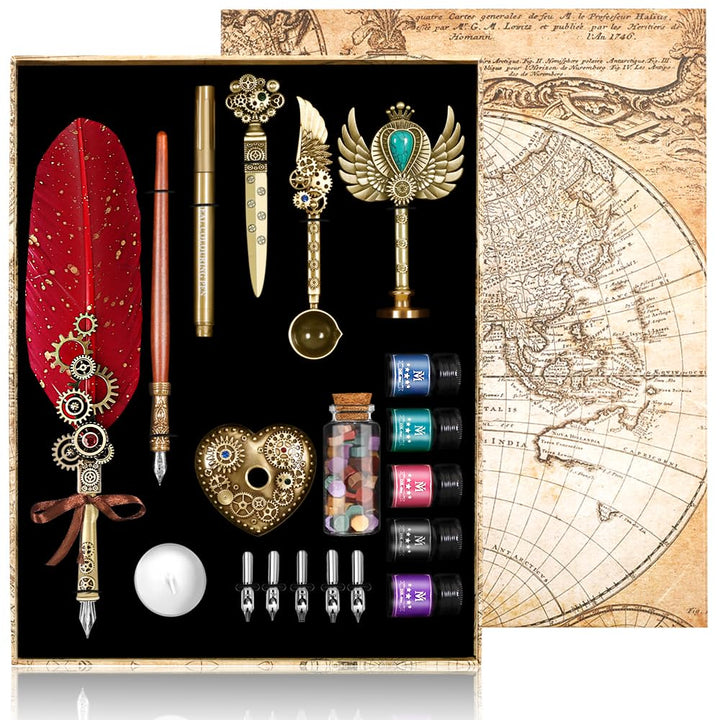 Federkiel und Tinte Set,Feder Feder Tinte Set enthält Federkiel,Holzstift,5 austauschbare Federn,5 v