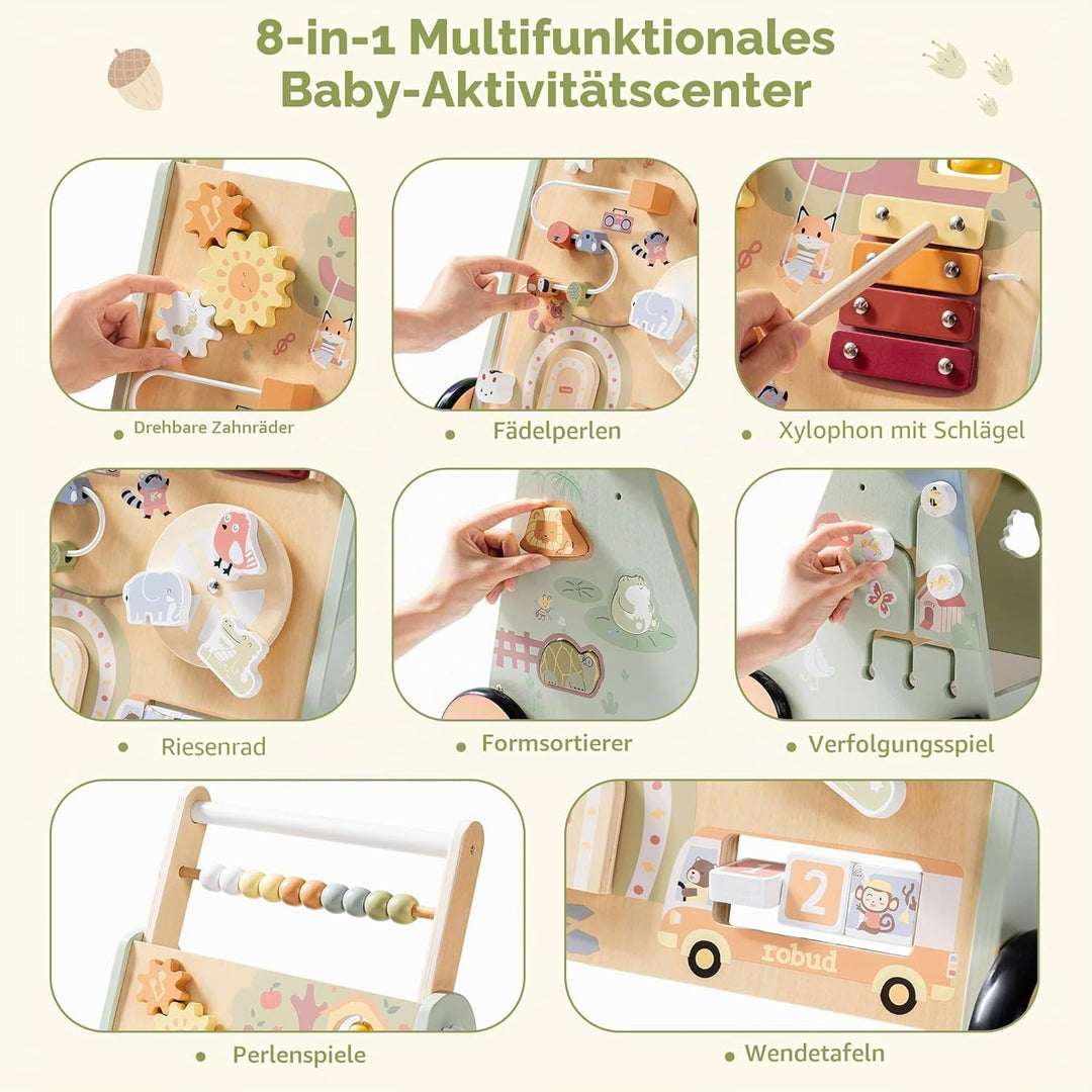 ROBUD Baby Walker Holz für Kleinkinder, 8 in 1 Multifunktions Push Along Spielzeug mit Aktivitätszen
