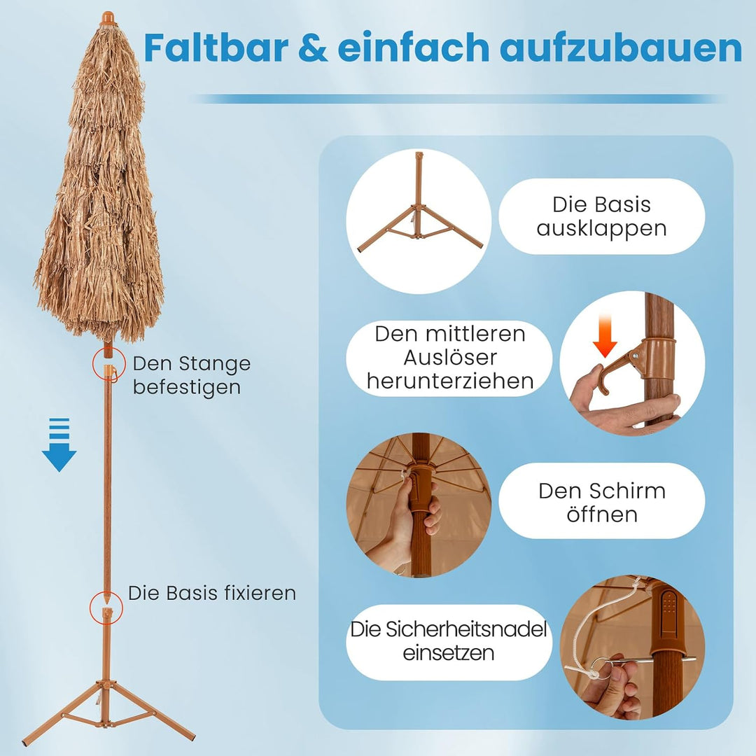 GOPLUS Sonnenschirm Hawaii, Ø 175 cm Strohschirm mit Ständer, Strandschirm Stroh um 30° knickbar, Te