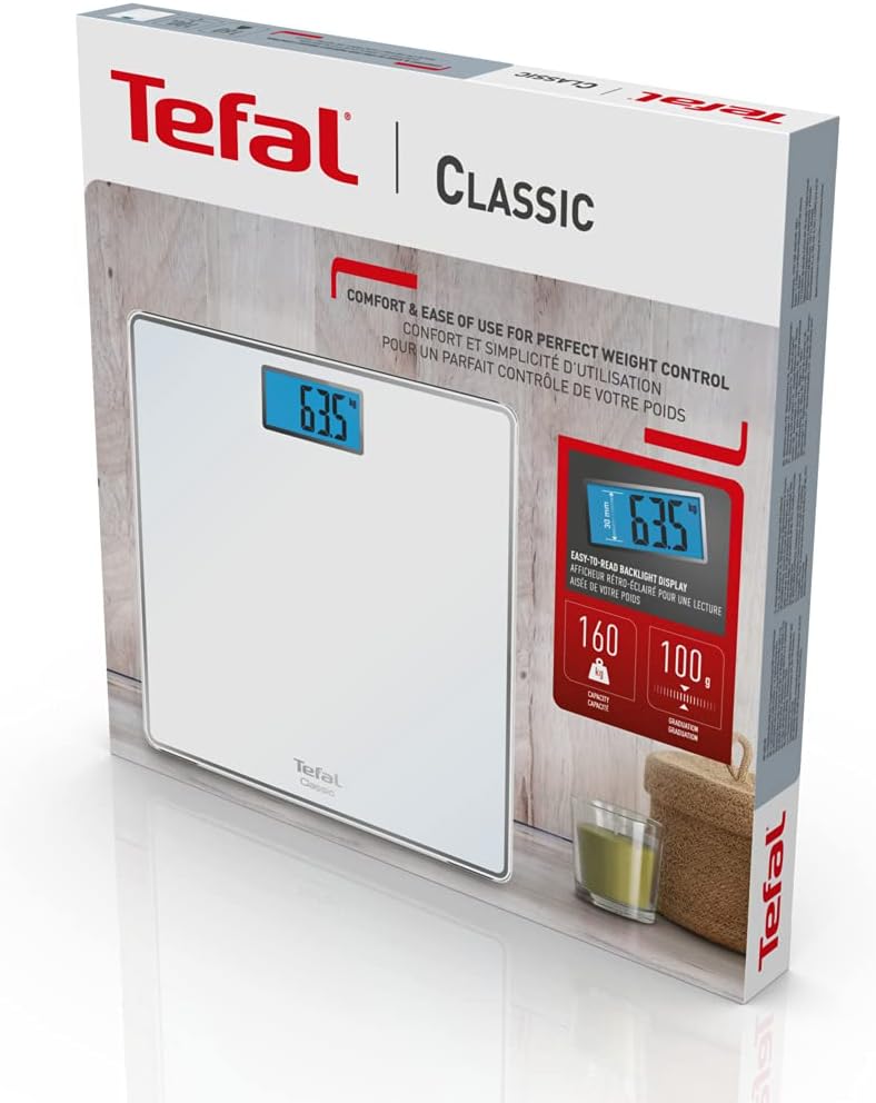 Tefal Classic Personenwaage, 31 x 31 cm, maximale Kapazität 160 kg, Skala 100 g, Anzeige mit Hinterg