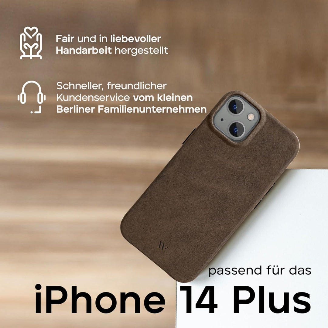 WIIUKA Hülle für iPhone 14 Plus, Leder aus Deutschland, Lederhülle extra Dünn, Premium Handyhülle, C