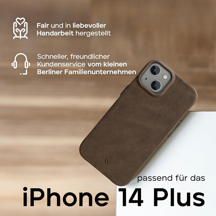 WIIUKA Hülle für iPhone 14 Plus, Leder aus Deutschland, Lederhülle extra Dünn, Premium Handyhülle, C