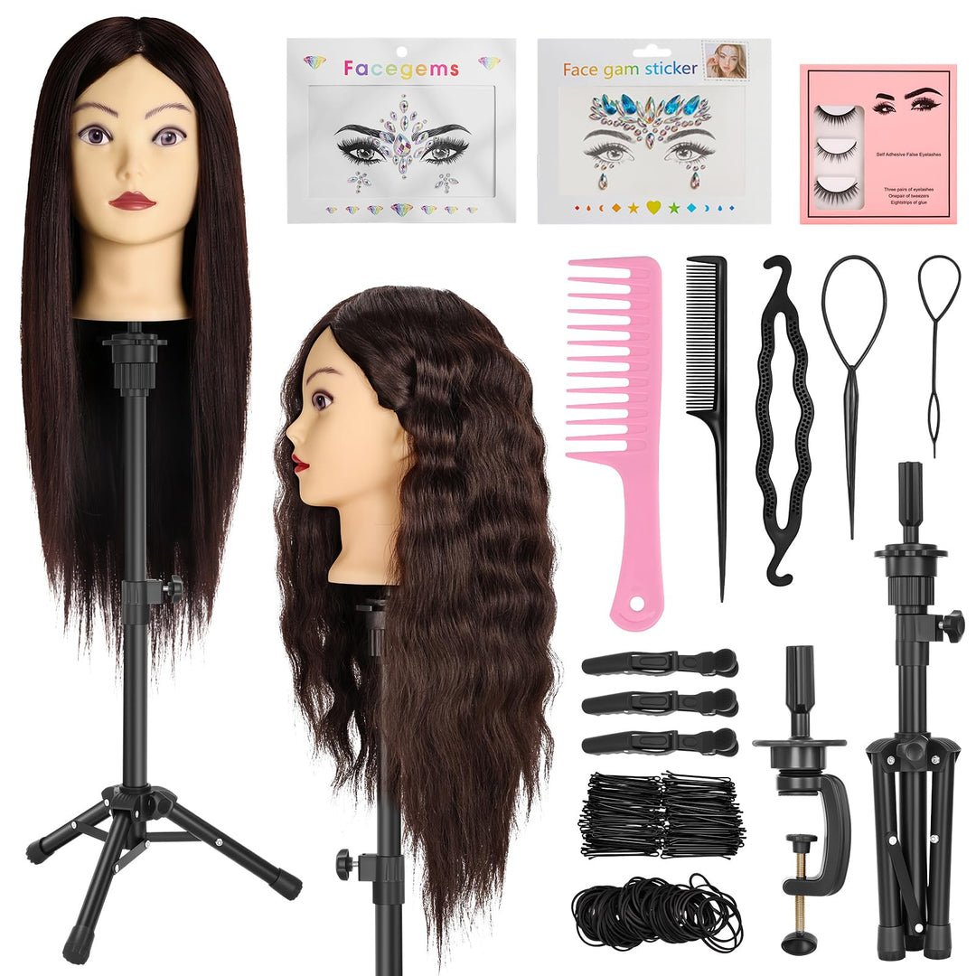 ekavo Friseurkopf mit Stativ, Trainingsköpfe mit 90% Echthaar 58CM, Schaufensterpuppe zum Frisieren,