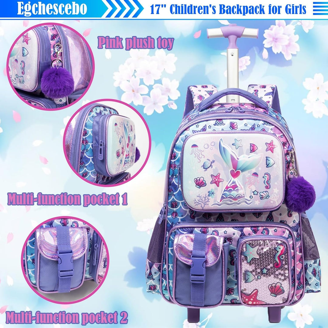 Egchescebo Kinder Rolling Rucksack für Mädchen Fischschwanz Koffer Trolley Roller Gepäck Rucksäcke a