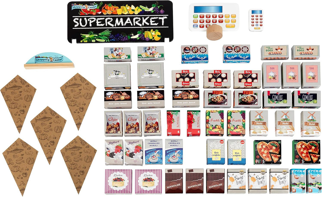 Theo Klein 9391 Supermarkt, Holz (MDF) I Moderner Kaufmannsladen inkl. Kasse, Schranke, Kreidetafel