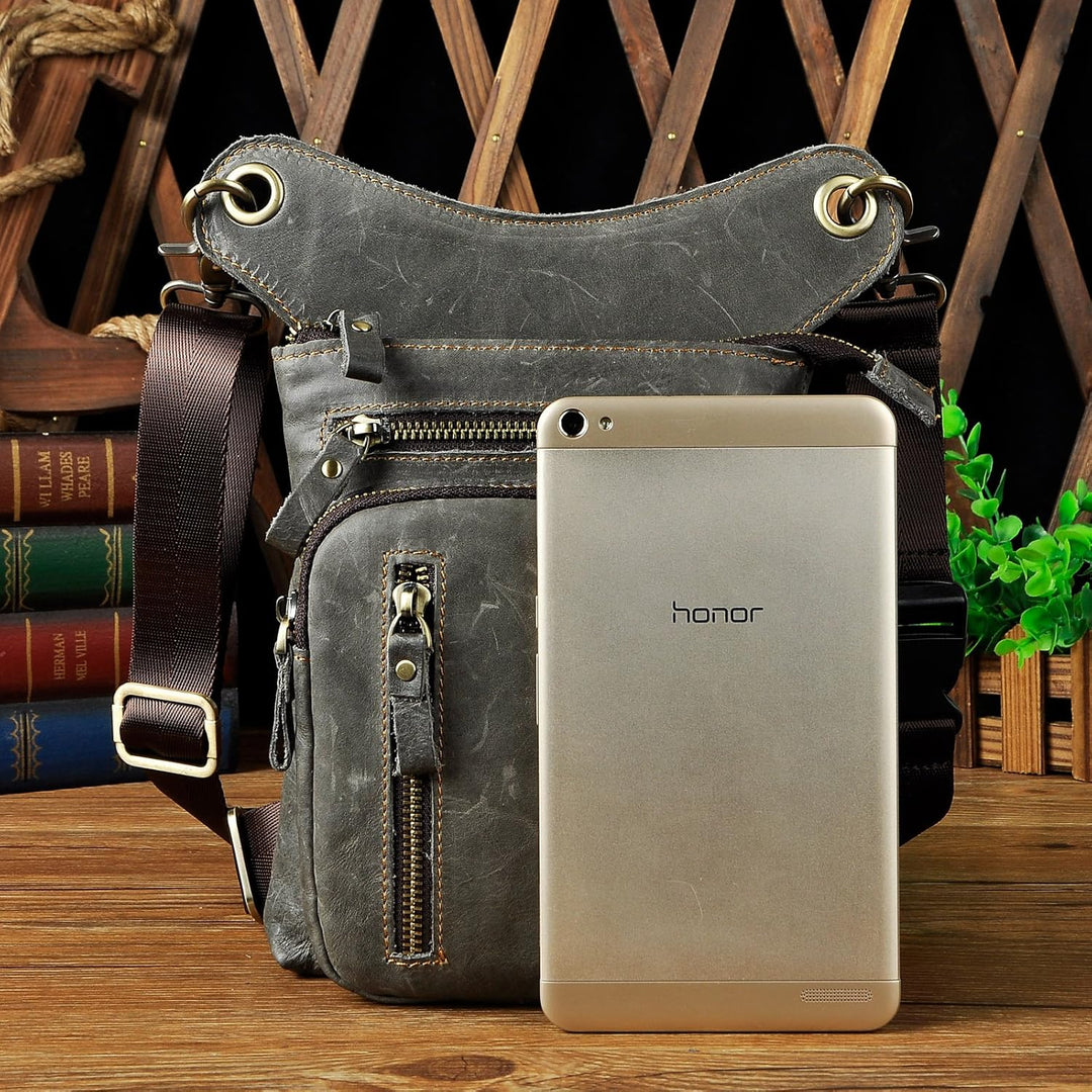 Le'aokuu Herren Leder Motorrad Hüfttasche Messenger Schulter Drop Leg Bag 211-11 2 Grau, 211-11 2 Gr