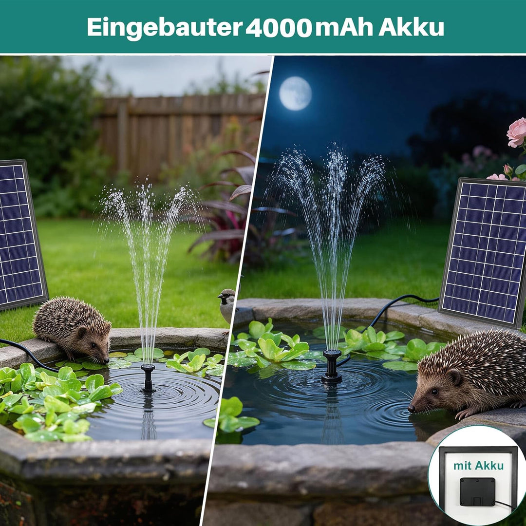 Biling 8W Solar Springbrunnen aussen mit 4000mAh Akku, Leise 300 l/h Teichpumpe Solarpumpe mit 8 Düs