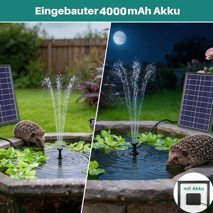 Biling 8W Solar Springbrunnen aussen mit 4000mAh Akku, Leise 300 l/h Teichpumpe Solarpumpe mit 8 Düs