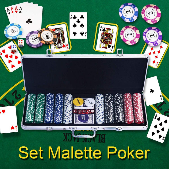 DREAMADE Ultimate Pokerset mit 500 Chips/ 2 Poker Set/ 5 Würfel/Koffer/Spieltuch/ 5 Dealer Buttons,
