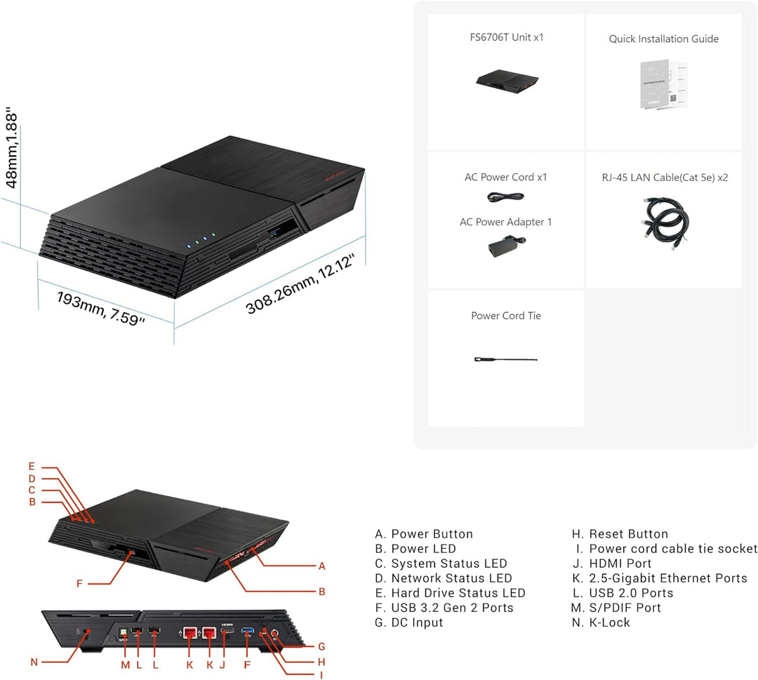 Asustor Flashtor 6 FS6706T - 6 Bay Reine M.2-SSD-NAS Netzwerkspeicher Gehäuse, Quad Core 2.0GHz, Six