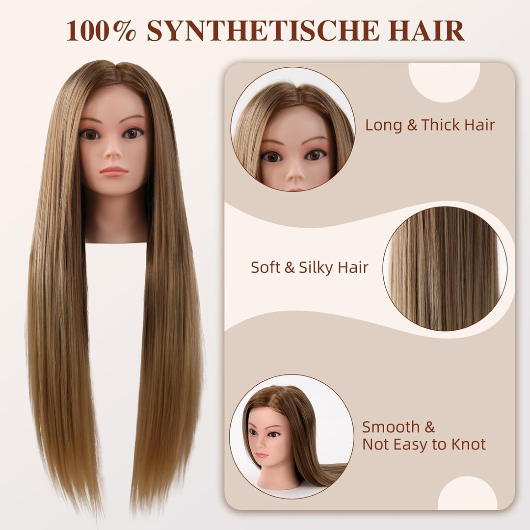 Frisierkopf Echthaar Friseur Übungskopf 24 Zoll Frisieren Trainingsköpfe für Friseure Ausbildung Kop