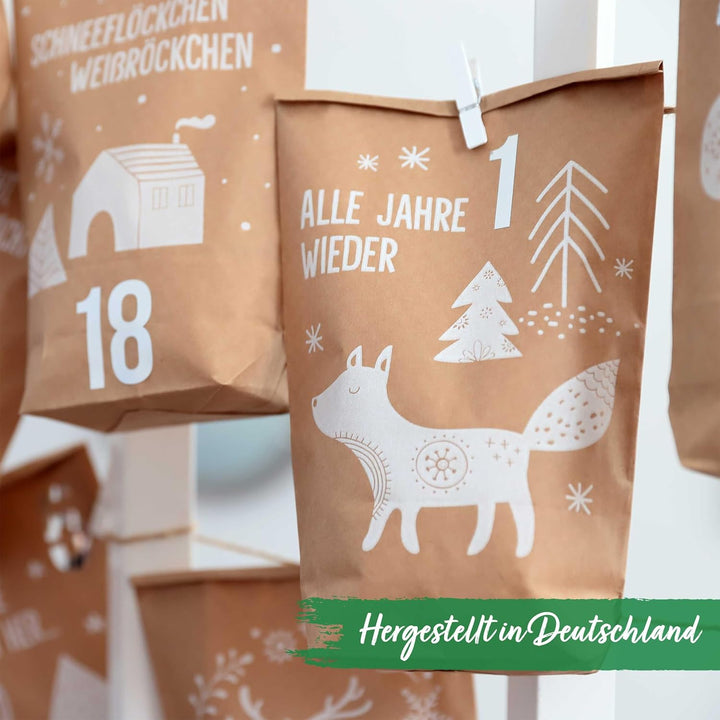 Papierdrachen Adventskalender 2025 zum Befüllen - 24 braune Papiertüten mit Zahlenaufklebern - Motiv