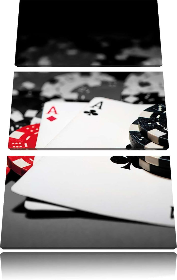 Pixxprint Spielkarten auf Pokertisch als Leinwandbild 3 teilig/Grösse: 3 Teilig (120x80) / Wandbild/