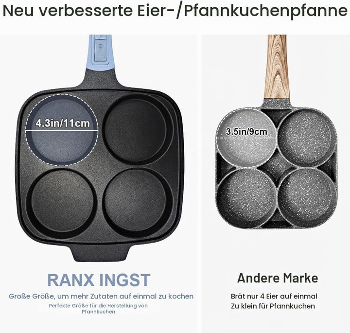 Pfannenset 2-teilig, Spiegeleipfanne mit Deckel 4 Loch + Grillpfanne Induktion 26 x 24 cm, Abnehmbar