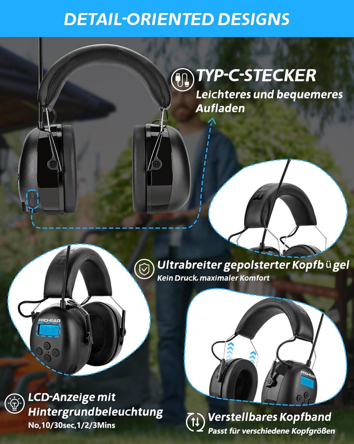 PROHEAR 033A (Upgraded) Gehörschutz mit Radio DAB +/Bluetooth/FM, Kopfhörer mit Radio mit Eingebaute