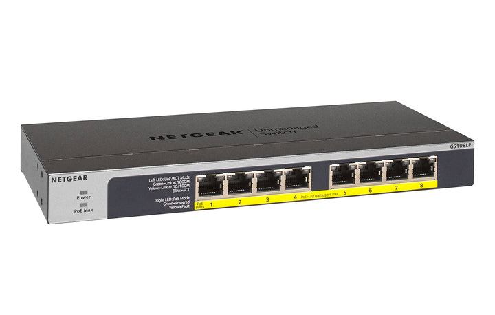 NETGEAR GS108LP PoE Switch 8 Port Gigabit Ethernet LAN Switch mit 8x PoE+ 60W (Plug-and-Play Netzwer